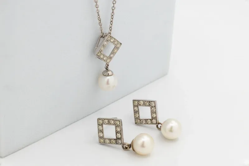 Fresh Water Pearl & Diamond Drop Down Set 0.72ct