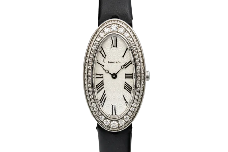 Tiffany & Co Cocktail Watch 22x35mm 18ct White Gold Black Leather Circa 1990s