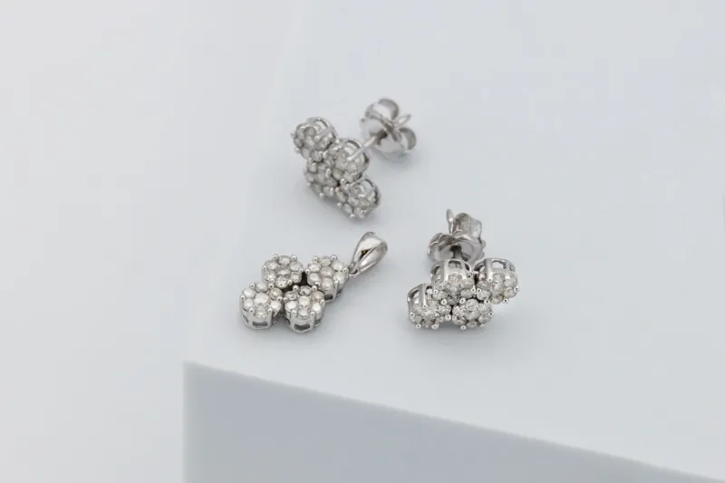 14ct White Gold Diamond Cluster Pendant & Earring Set 1.43ct