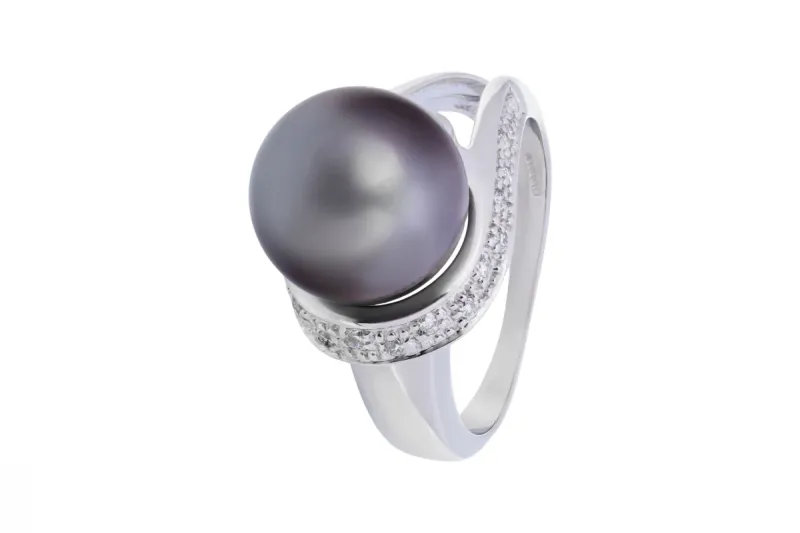 9ct White Gold Diamond & Cultured Tahitian Black Pearl Ring 5.6g