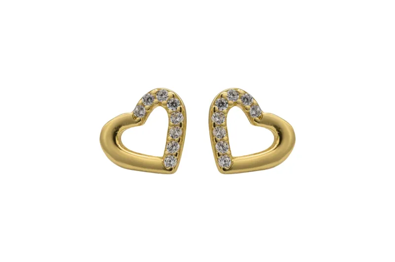 9ct Yellow Gold Medium Half Cubic Zirconia Heart Stud Earrings 0.9g