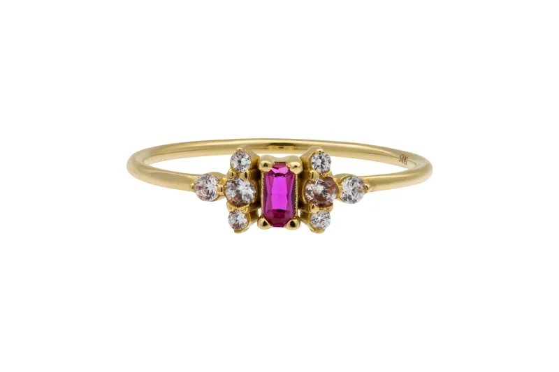 14ct Yellow Gold Emerald and Brilliant Cut Pink and White Cubic Zirconia Ring 1.20g