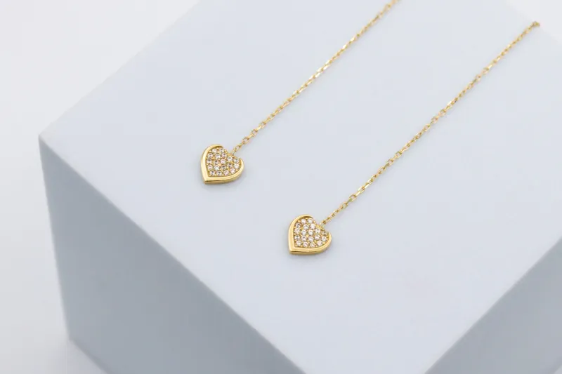 9ct Yellow Gold Pull Through Cubic Zirconia Heart Earrings 1.55g