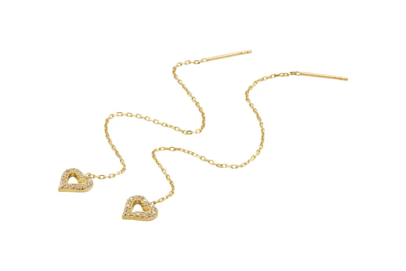 9ct Yellow Gold Pull Through Brilliant Cubic Zirconia Heart Earrings 1.29g