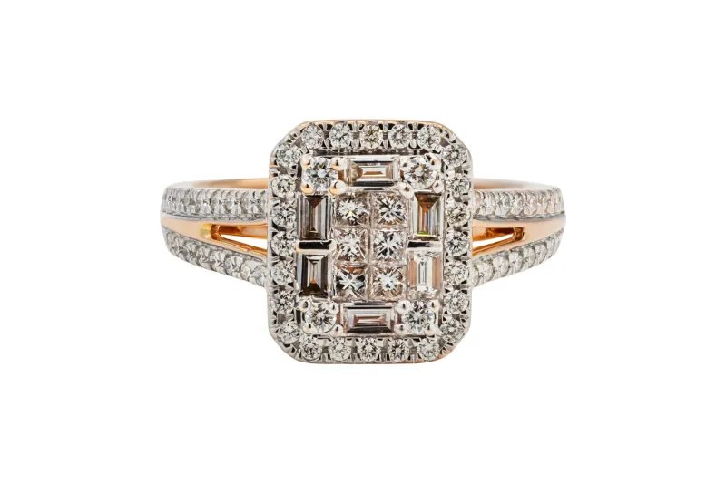 18ct Rose Gold Princess, Baguette & Round Brilliant Diamond Engagement Ring 1.74ct