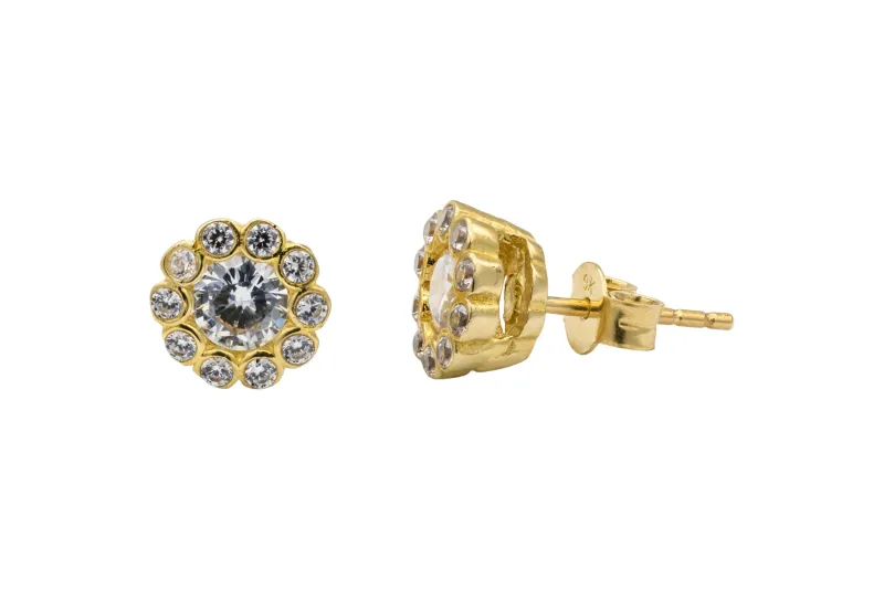 9ct Yellow Gold Cubic Zirconia Halo Round Stud Earrings 2.1g
