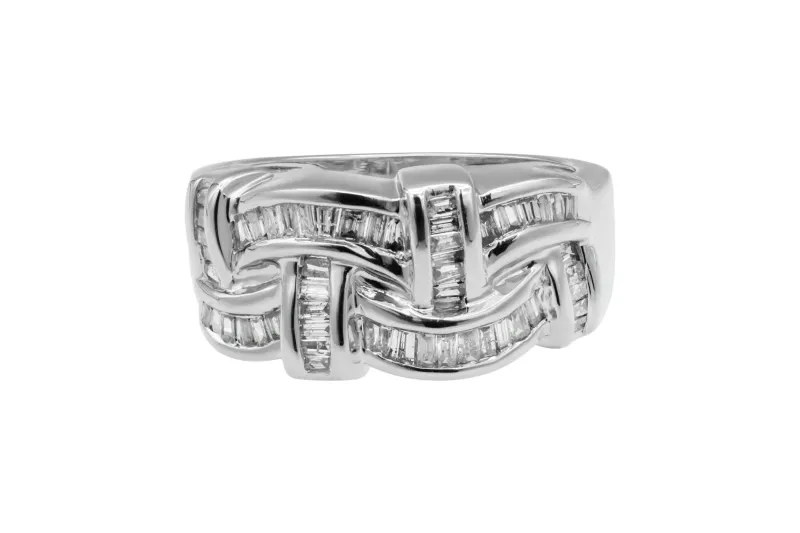 9ct White Gold Diamond Baguette Woven Design Ring 4.8g