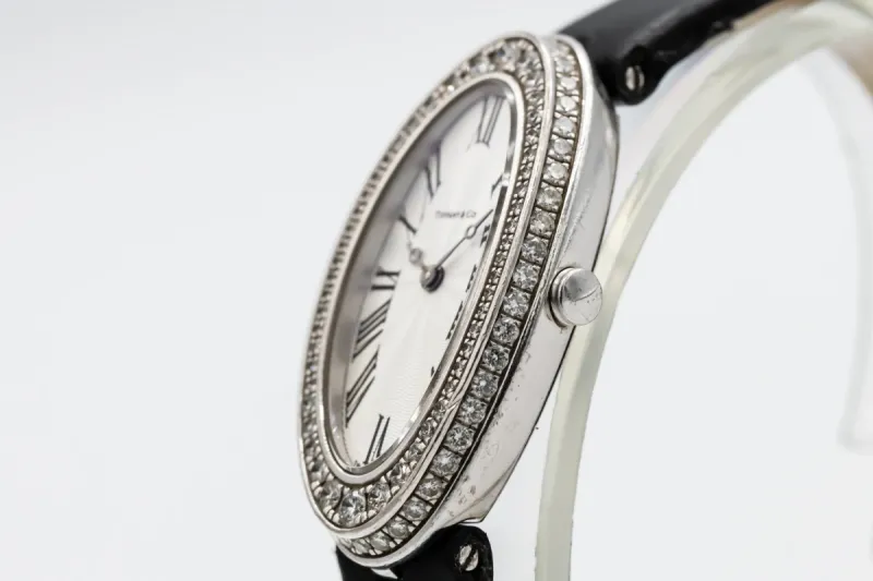 Tiffany & Co Cocktail Watch 22x35mm 18ct White Gold Black Leather Circa 1990s