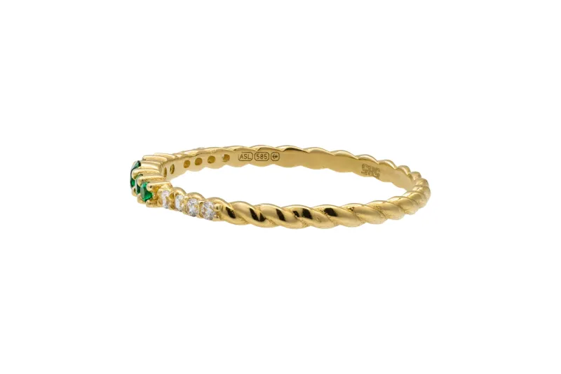 14ct Yellow Gold Green & White Cubic Zirconia Twist Eternity Ring 1.2g
