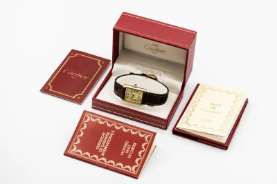 Cartier Tank Vermeil 20mm Silver Gold Plated Brown Leather 5057001 1993