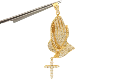 14ct Yellow Gold Diamond Pray Hands & Cross Pendant 3.16cts
