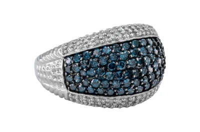9ct White Gold Blue Diamond Pavé Band Ring with White Diamond Accents