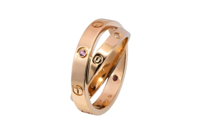 Cartier LOVE Double Ring Pink Sapphire Rose Gold Ring Size 53