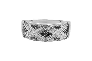 9ct White Gold Black & White Diamond Cross Patterned Ring 0.15ct 3.1g