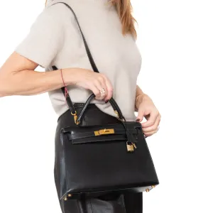 Hermes Kelly 28 Black Box Leather Bag 1996