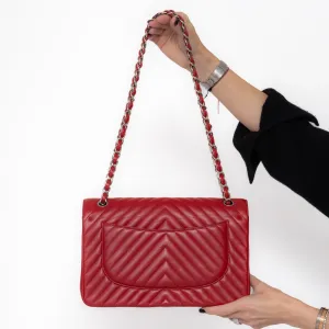 Chanel Red Jumbo Classic Double Flap Bag In Chevron Caviar Leather