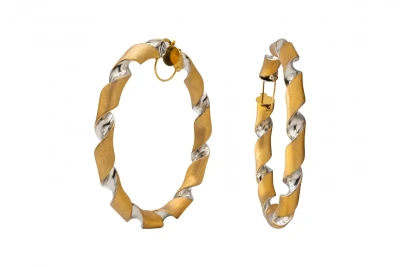 9ct Yellow Gold Twisted Hoop Earrings With Rhodium Inlay 13.1g
