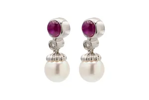 18ct White Gold Diamond, Ruby & Pearl Drop Down Stud Earrings 0.10ct