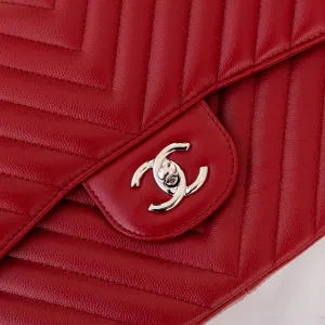 Chanel Red Jumbo Classic Double Flap Bag In Chevron Caviar Leather