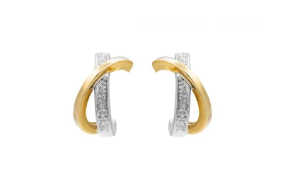 14ct Yellow & White Gold Cross Over Diamond Half Hoop Earrings 0.15ct