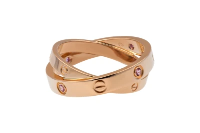Cartier LOVE Double Ring Pink Sapphire Rose Gold Ring Size 53