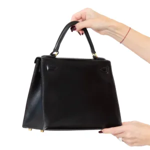 Hermes Kelly 28 Black Box Leather Bag 1996