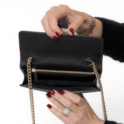 Gucci Black Leather Interlocking G Dollar Wallet On Chain Crossbody Bag