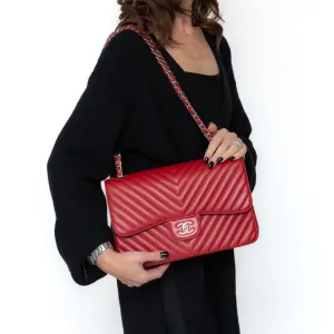 Chanel Red Jumbo Classic Double Flap Bag In Chevron Caviar Leather