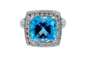 18ct White Gold Diamond & Cushion Cut Aquamarine Ring 6.20ct