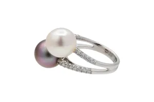 9ct White Gold Diamond Cultured Grey & White Pearl Ring 0.39ct