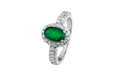 18ct White Gold Oval Emerald & Diamond Halo Engagement Ring 0.34ct
