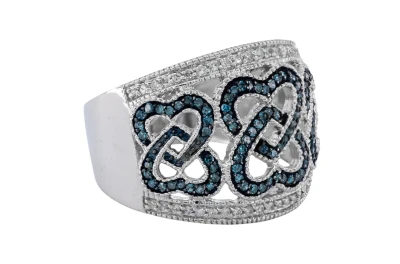 9ct White Gold Blue & White Diamond Openwork Pattern Ring 6.9g