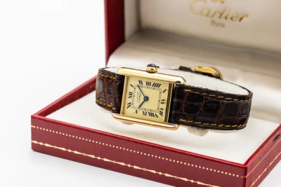Cartier Tank Vermeil 20mm Silver Gold Plated Brown Leather 5057001 1993