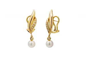 18ct Yellow Gold Pearl And Diamond Drop Earrings 0.08ct