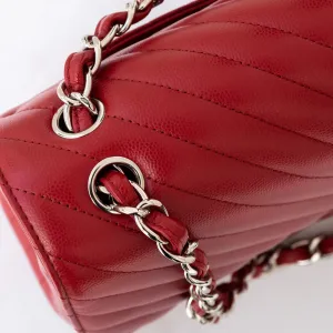 Chanel Red Jumbo Classic Double Flap Bag In Chevron Caviar Leather