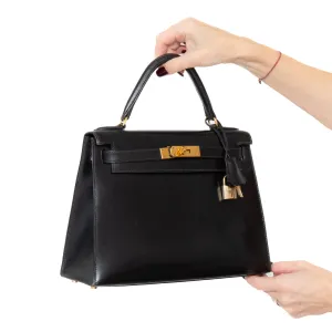 Hermes Kelly 28 Black Box Leather Bag 1996