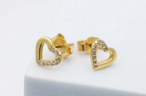 9ct Yellow Gold Medium Half Cubic Zirconia Heart Stud Earrings 0.9g