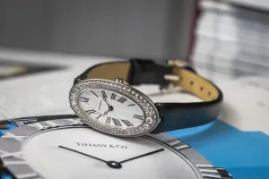 Tiffany & Co Cocktail Watch 22x35mm 18ct White Gold Black Leather Circa 1990s