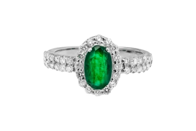 18ct White Gold Oval Emerald & Diamond Halo Engagement Ring 0.34ct