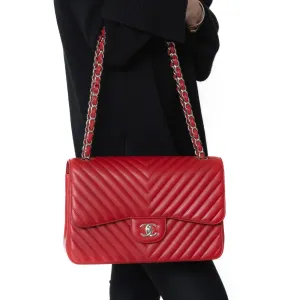 Chanel Red Jumbo Classic Double Flap Bag In Chevron Caviar Leather