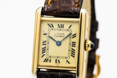 Cartier Tank Vermeil 20mm Silver Gold Plated Brown Leather 5057001 1993