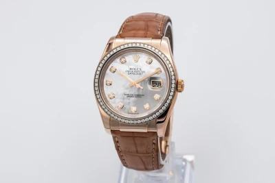 Rolex DateJust 36mm 18ct Rose Gold Brown Leather 116185 2016
