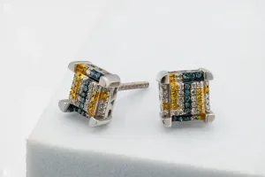 9ct Yellow/Blue/White Diamond Square Stud Earrings