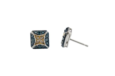 9ct White Gold Square White & Blue Diamond Stud Earrings 0.30ct