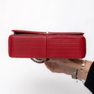 Chanel Red Jumbo Classic Double Flap Bag In Chevron Caviar Leather