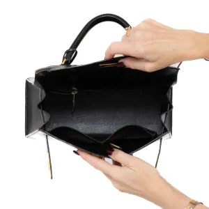 Hermes Kelly 28 Black Box Leather Bag 1996