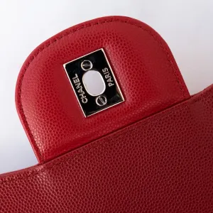 Chanel Red Jumbo Classic Double Flap Bag In Chevron Caviar Leather