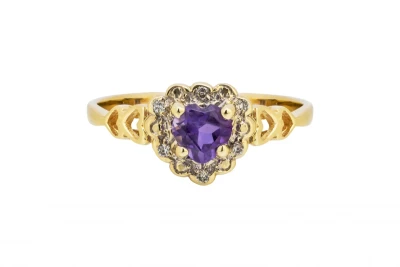 9ct Yellow Gold Amethyst & Diamond Heart Shaped Ring 0.12ct