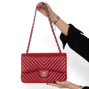 Chanel Red Jumbo Classic Double Flap Bag In Chevron Caviar Leather
