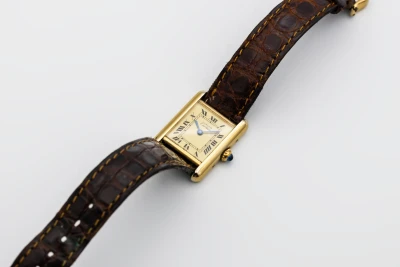 Cartier Tank Vermeil 20mm Silver Gold Plated Brown Leather 5057001 1993